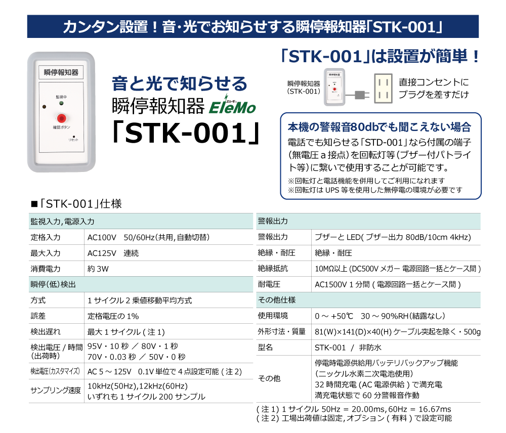 瞬停・停電を「音」と「光」でお知らせ！「瞬停報知器STK-001」 